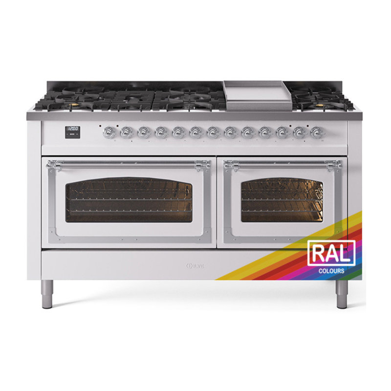 ILVE Nostalgie II Noblesse 60 inch Dual Fuel Range (9 Sealed Burners + Griddle, Triple Glass Door, RAL), Chrome