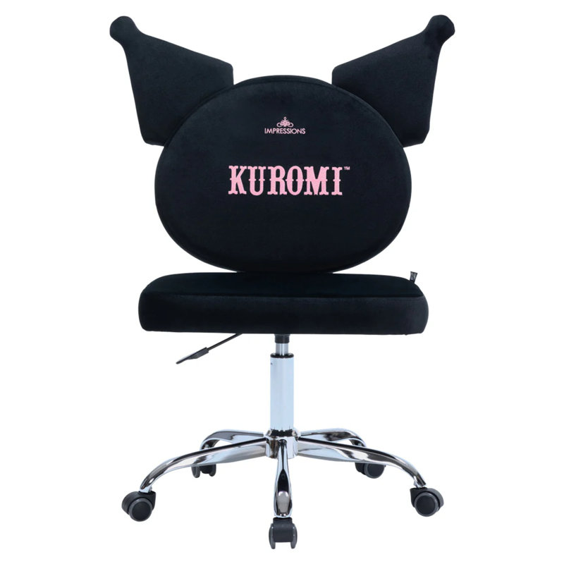 Kuromi Armless Swivel Cute Desk Chair for Bedroom, Velvet Makeup Vanity Chair with Back, Black