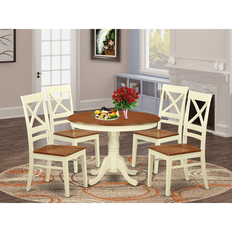 5 Piece Dining Table Set for 4 Includes a Round Kitchen Table with Pedestal and 4 Dinette Chairs, Buttermilk & Cherry