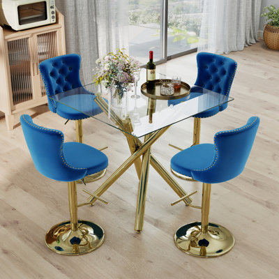 Ensemble de table de bar moderne 3/5-pièces avec plateau en verre trempé et base en métal robuste, tabourets de bar pivotants en velours à hauteur réglable, pour la cuisine, la salle à manger et les espaces de divertissement