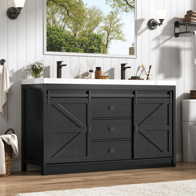 59" Double Bathroom Vanity With Sink, Faucet, Drain Assembly, Drawers, And Sliding Barn Doors