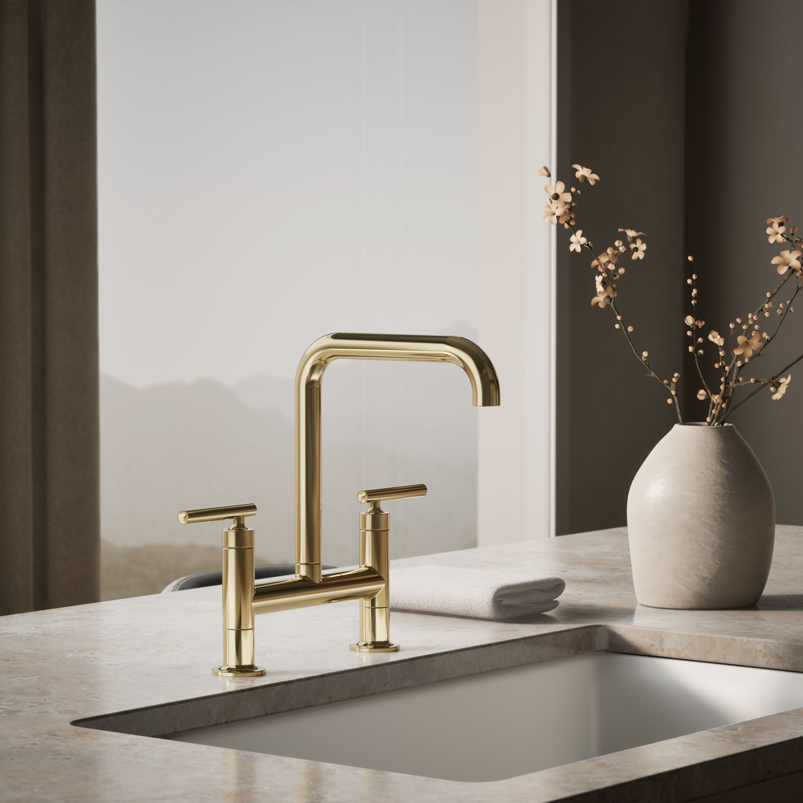 Purist Two-Hole Deck-Mount Bridge Kitchen Sink Faucet, Vibrant French Gold