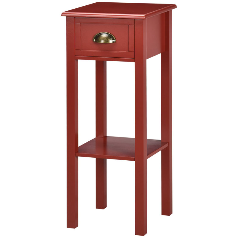 2-Tier Side Table With Drawer, Narrow End Table With Bottom Shelf, Red