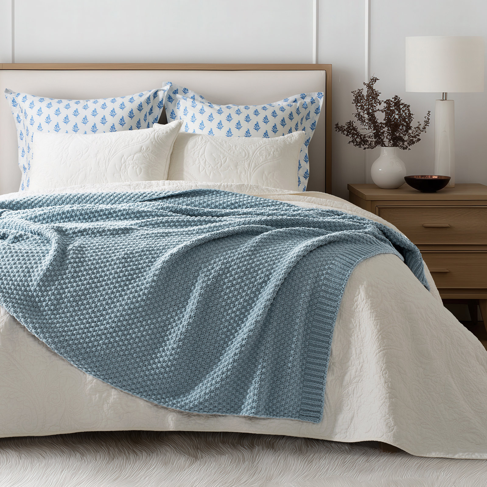 Chunky Chenille Knit Throw Blanket, 80" L x 60" W, Chambray Blue