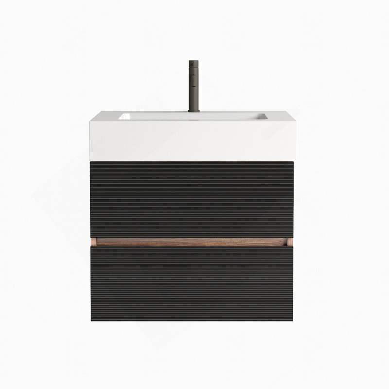 Meuble-lavabo 24 po Grace avec lavabo à surface solide d'ingénierie et tiroirs noirs doux, meuble-lavabo mural flottant pour salle de bain moderne, lavabo une pièce sans drain et robinet, KD 