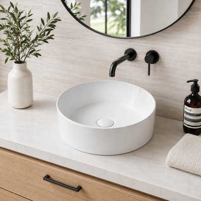16" White Artificial Marble Round Vessel Bathroom Sink without Faucet Hole