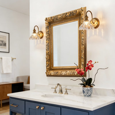 Vintage Brass Wall Sconces, Set Of 2 - Bathroom Vanity Lighting Fixtures With Crystal Glass Shades For Bedroom, Hallway, Living Room, And Dressing Area
