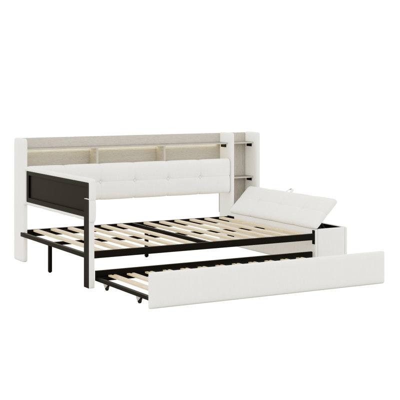 Modern Upholstered Daybed with Storage Footstool, Built-In Shelves, Trundle, USB and LED, Beige