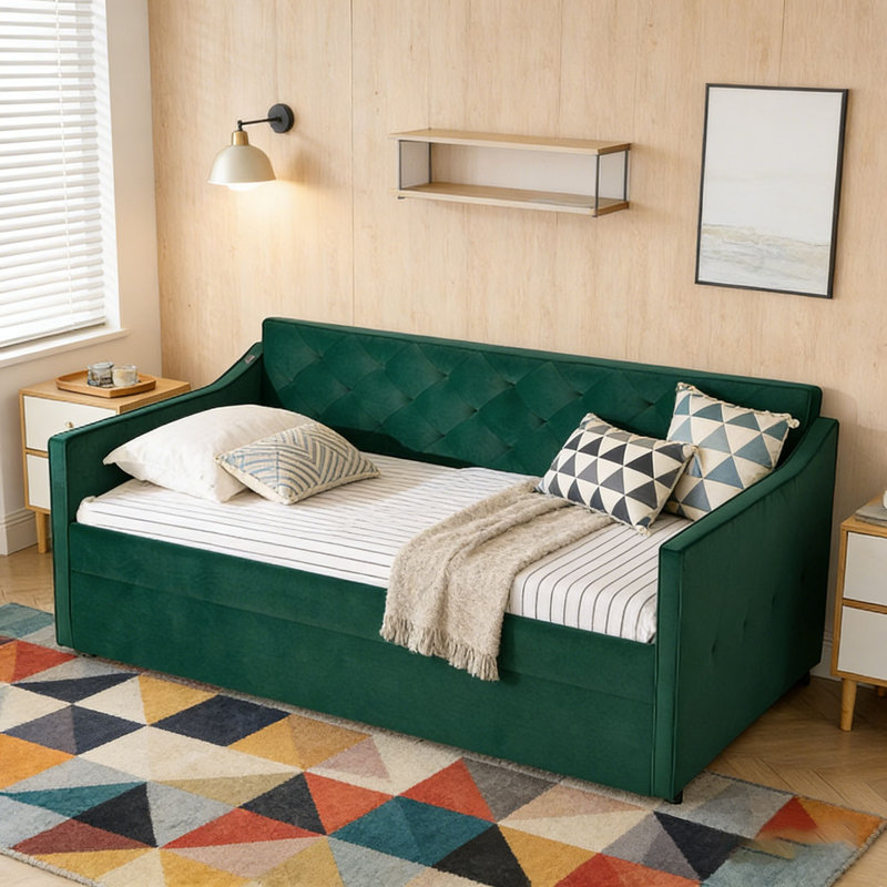 Lit de jour simple avec lit gigogne escamotable et charge USB, Velours vert