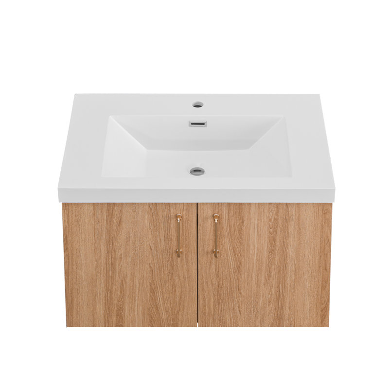 Meuble-lavabo mural 30 po avec lavabo en résine blanche et finition chêne doré