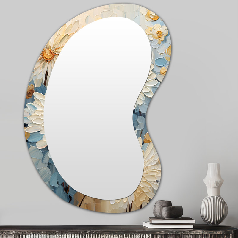 Simplicity Mums Bloom In Beige And Muted Blue III - Mums Asymmetrical Large Mirror, Traditional Unique Shape Unique Wall Mirror Decor, Printed Metal Art