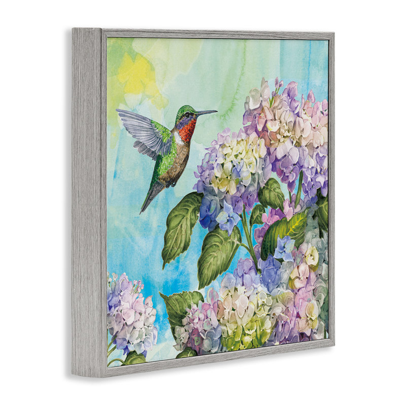 Colibri et hortensias, giclée encadrée, design par Tim Coffey, H 17 po x l 17 po, Estampe numérique Farmhouse