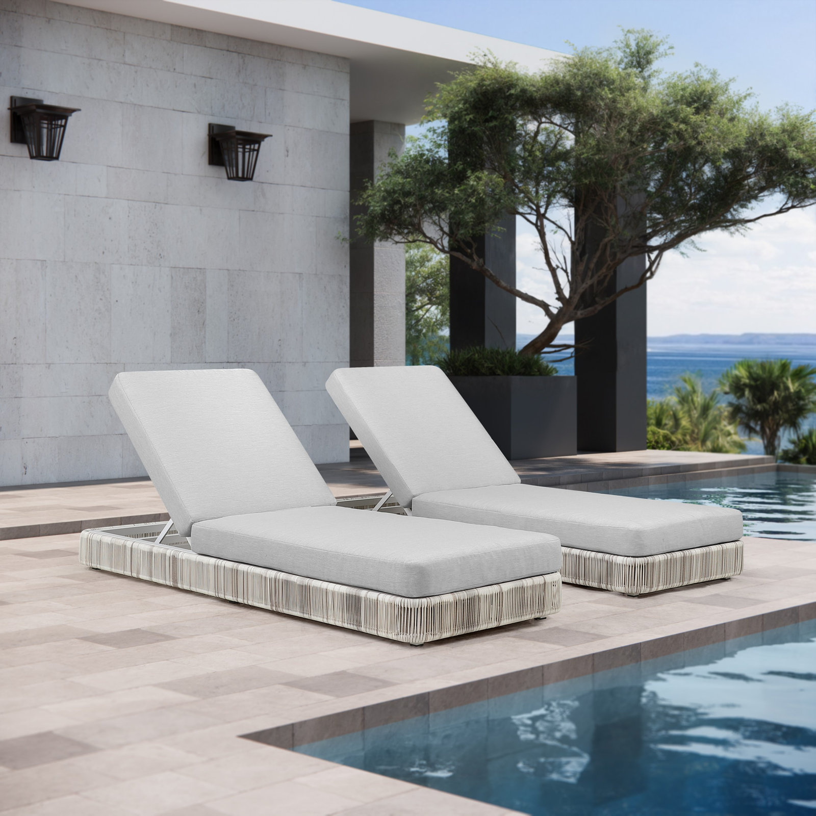 Poveromo Outdoor Metal Chaise Lounge, Ivory Driftwood