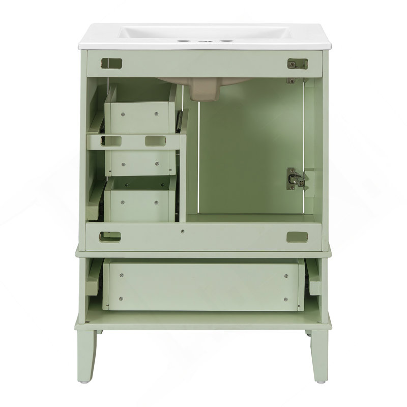 Bathroom Vanity With Ceramic Sink, Modern Freestanding Cabinet Featuring Soft-Close Door, Deep Drawer, Green