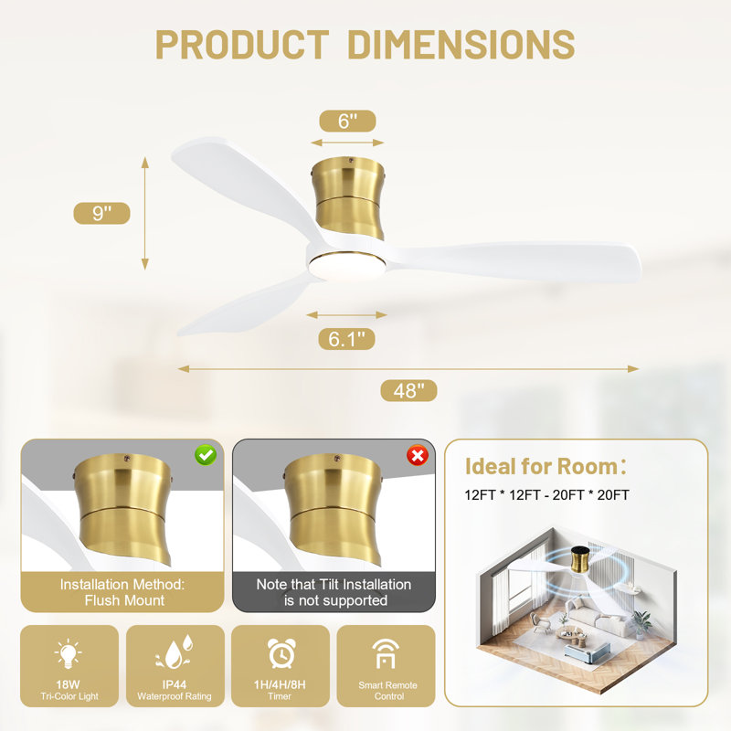48" Flush Mount Ceiling Fan With Lights, Remote, Solid Wood Blades, Dimmable，White and Gold, Gold with White Blade, Gold