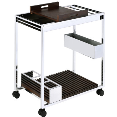 And Brown Food Serving Trolley - 2 Storage Compartments For Food, Removable Wooden Tray, Wine Bottle Rack, Stemware Shelf Cart With Decoration Organizing Kitchen, Dining Beverage Accessories, Shelf,