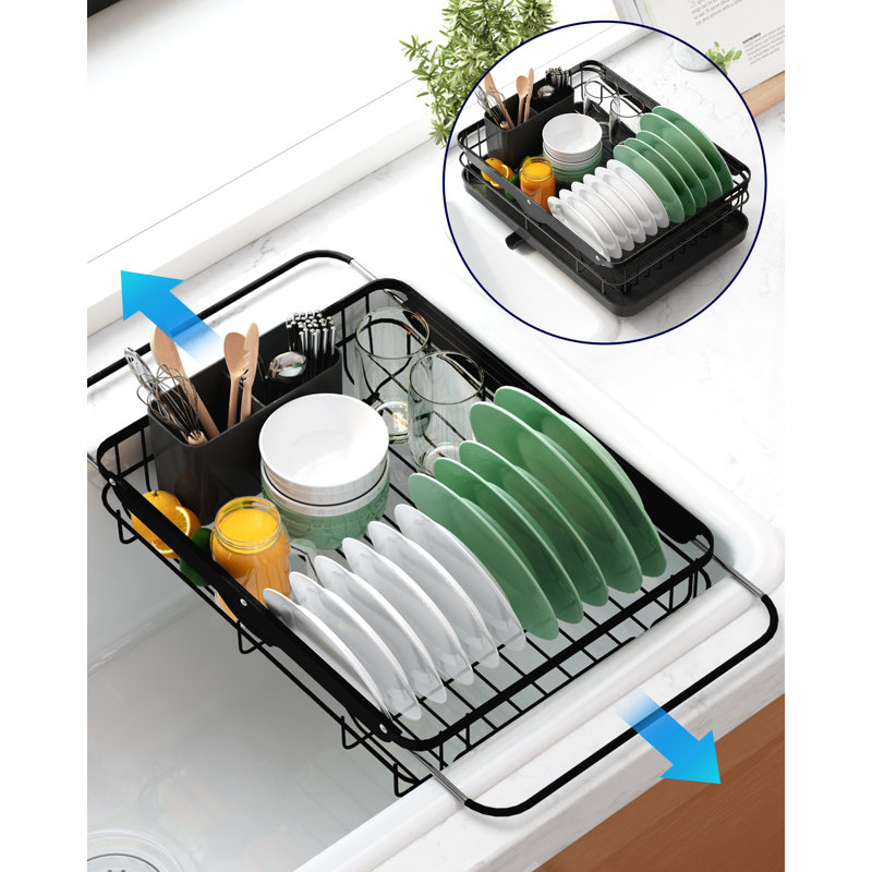 Dish Drying Rack for Kitchen Counter, Stainless Steel Sink Organization and Storage Essentials with Cutlery Holder, Home and Appartment Decor, 12.2''W x 15.7''~23''L, Black