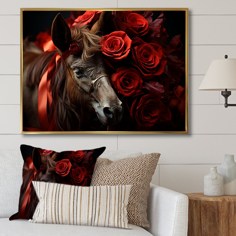 «Black and Red Roses Charm», art mural âne, H 34 po x l 44 po x P 1,5 po, Cadre flottant doré