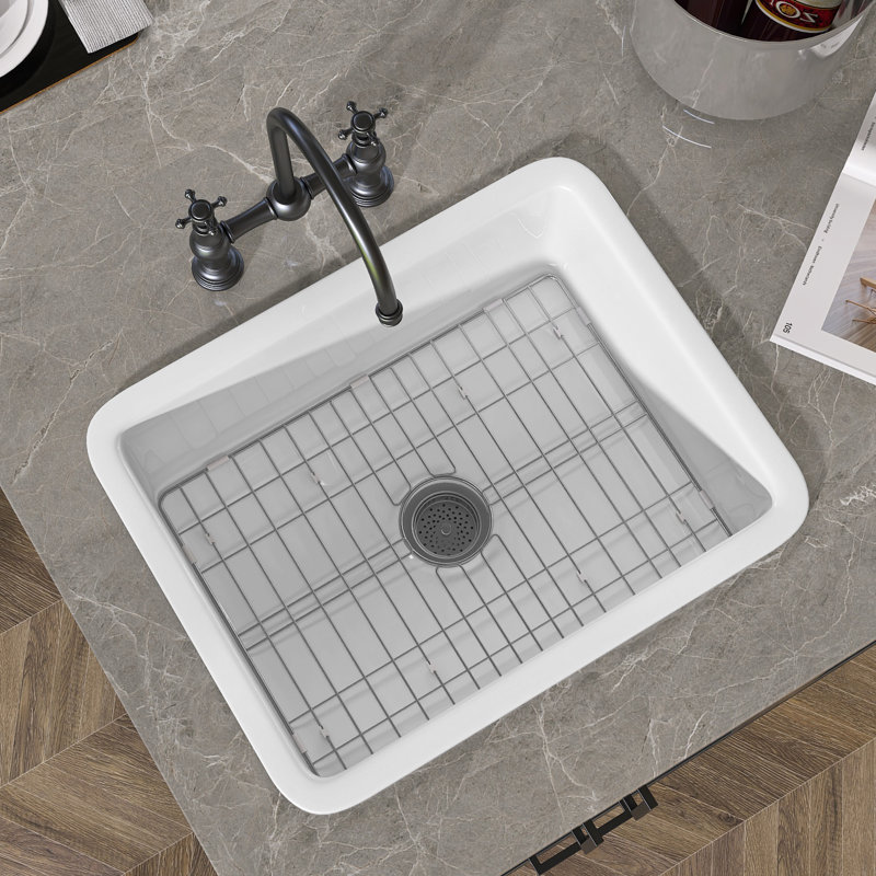Cove 24 in. White Kitchen Sink Drop-in/ Undermount Fireclay Farm Sink Single Bowl with Accessory Kit