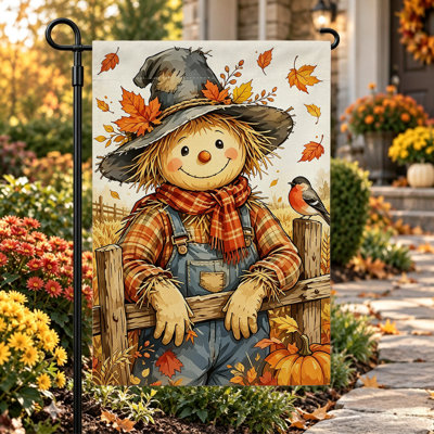Autumn Welcome Garden Flag ,Double Sided 12x18 Inch Yard Flags,Orange blue scarecrow bird fence