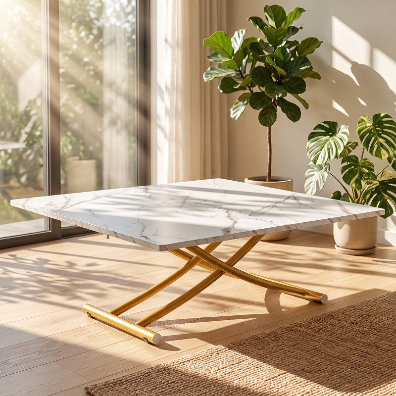 Table basse convertible en table à manger Droom, hauteur réglable, en MDF et métal doré, 110 cm L x 100 cm P x 74 cm H