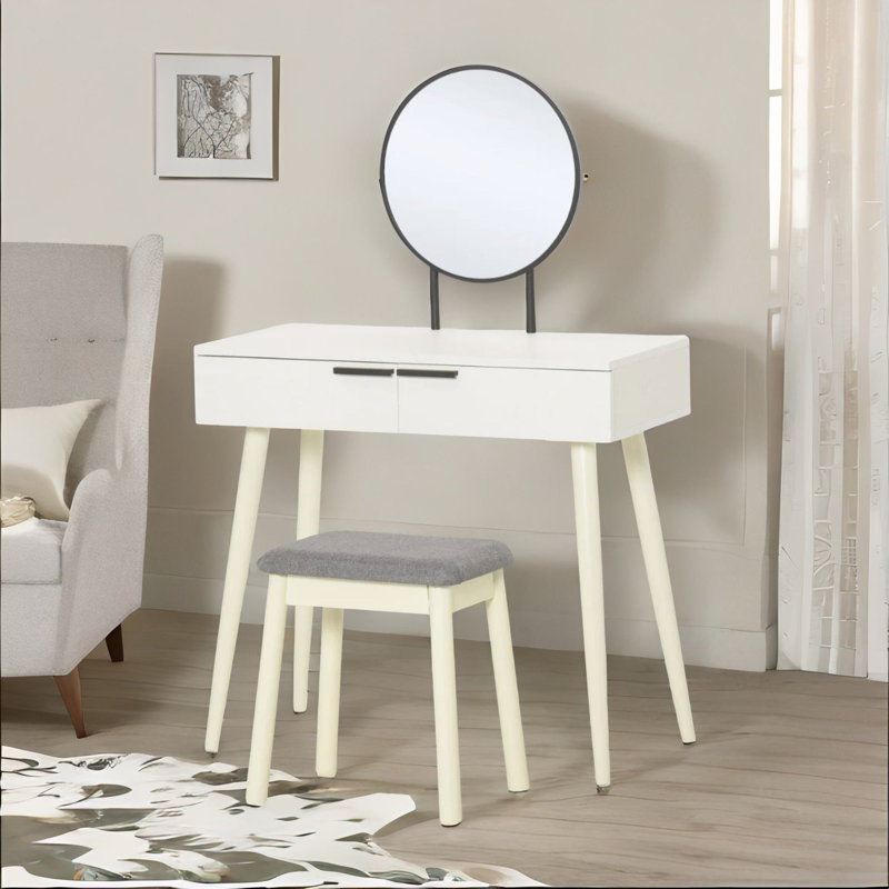 Alejah White Solid Dressing Table with Stool and Mirror Makeup Desk Bedroom Furniture