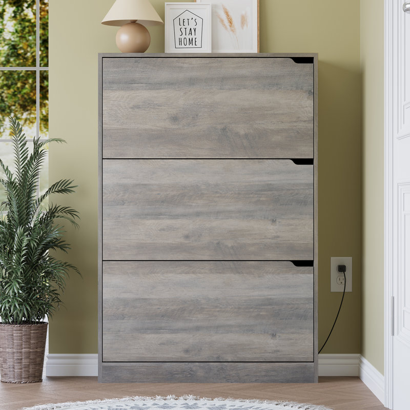 Tri-Fold Flip Shoe Rack Cabinet with Built-in Deodorizer | Black Space-Saving Organizer, Gray