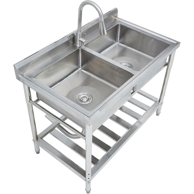 Stainless Steel Utility Sink - 43x25x35 Inch, Commercial Kitchen Sink with Pull-Out Faucet, Free Standing Dual Bowl, 3-Stage Adjustable Rack, Ideal for Restaurant, Workshop, Laundry