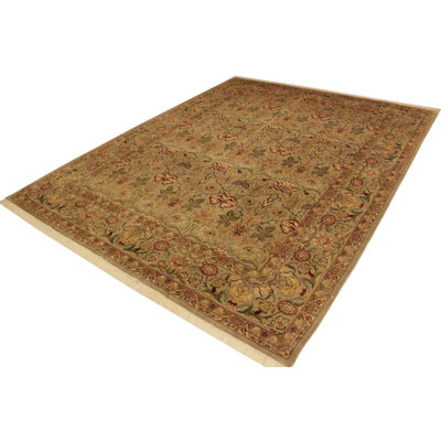 Tapis gris clair / rouge en laine noué à la main à motif floral 9 pi 2 po x 12 pi 5 po Roca