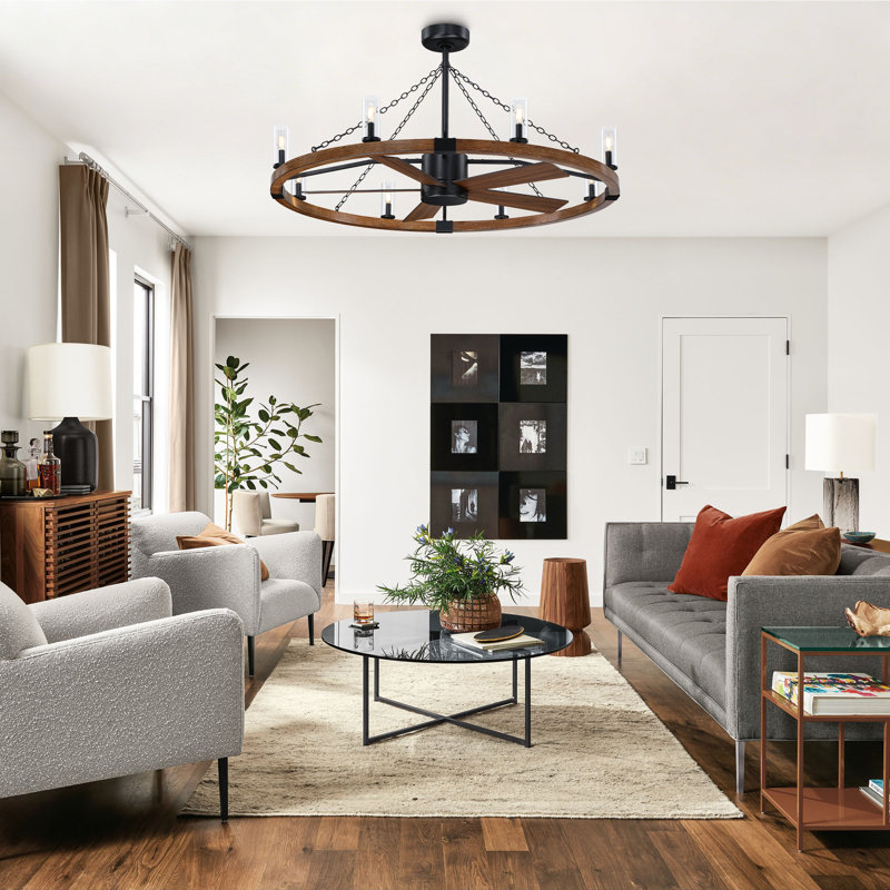 52" Rustic Farmhouse Wagon Wheel Chandelier Fan 8-Light Dimmable Ceiling Fan With Remote Control, Quiet 6 Speeds Reversible DC Motor, Timer