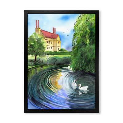 Swans in the Pond of Old English Estate - Peinture sur toile