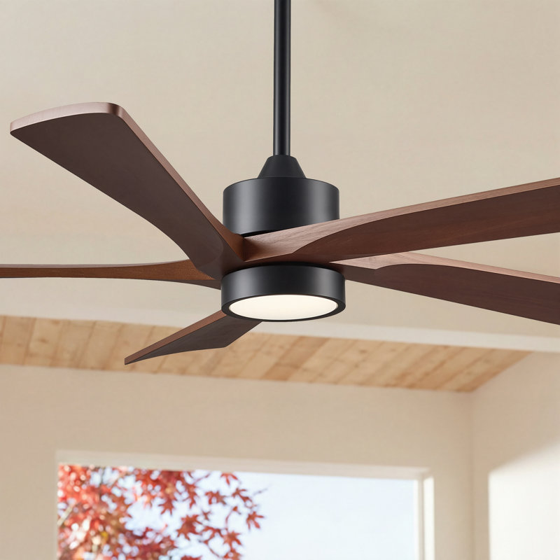 Ventilateur de plafond 5 lumières DEL transitionnel moderne en bois massif avec lumière à intensité variable et télécommande