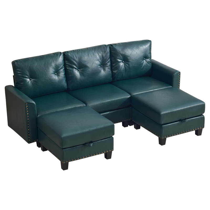 Canapé modulaire en similicuir avec repose-pieds de rangement, Postal Green, 3 Seat + 2 Ottoman