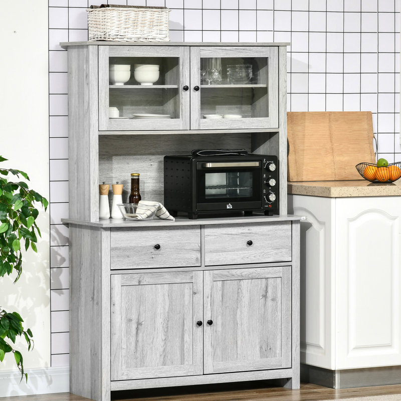 Armoire de cuisine de 63,5 po avec rangement et garde-manger, 4 tablettes, tiroirs, gris cendré, portes en verre, buffet ouvert au comptoir pour micro-ondes, rehausse l'apparence