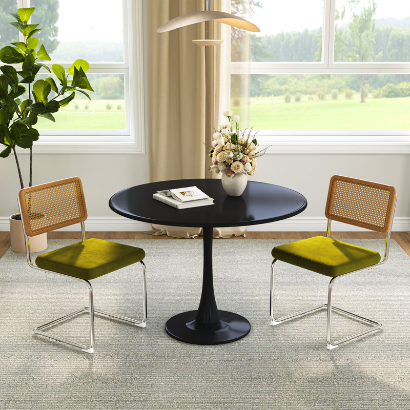 31.5" Round Dining Set, All-Metal Tulip Base,  2 Ergonomic Cantilever Rattan Chairs, Black, Green