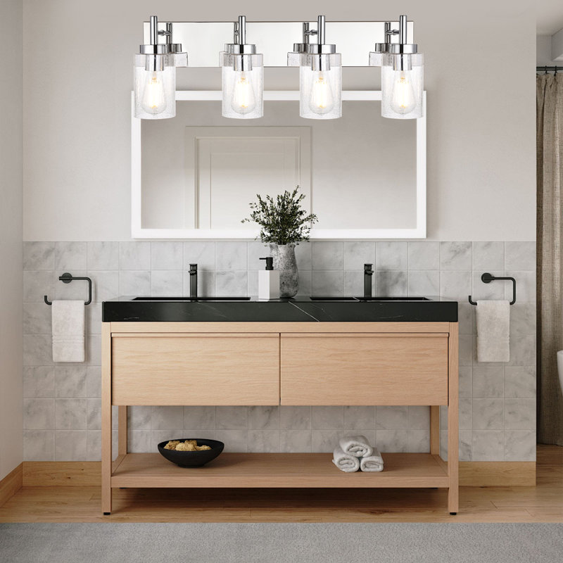 4 Light Chrome Wall Light, Bathroom Over Mirror Light Fixture, Chrome Vanity Light Offset Mount Seeded Glass, Modern Vanity Bar Lights For Bathroom Living Room Dressing Room Farmhouse