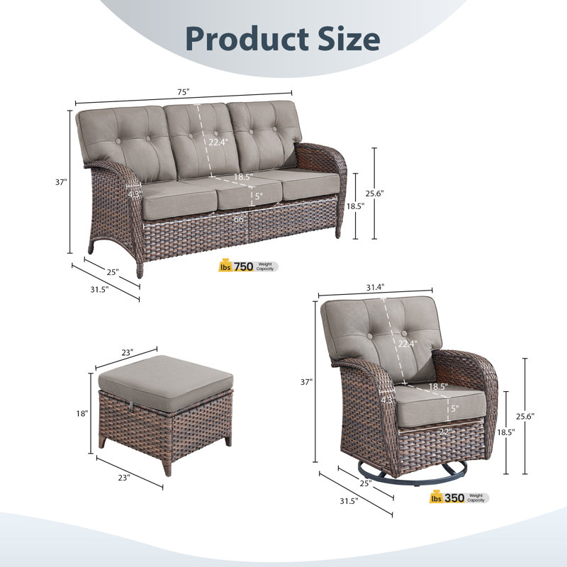 Ensemble de chaises de patio 7 pièces, ensemble de sièges d'extérieur toutes saisons avec chaises pivotantes et repose-pieds