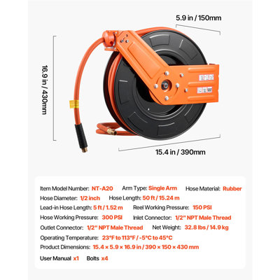 Enrouleur de tuyau d'air rétractable, 1/2 pouce x 50 pieds de tuyau d'air en caoutchouc Max 300PSI, enroulement de compresseur d'air à enroulement automatique avec plomb de 5 pi, montage au plafond / mural pour les ateliers de garage