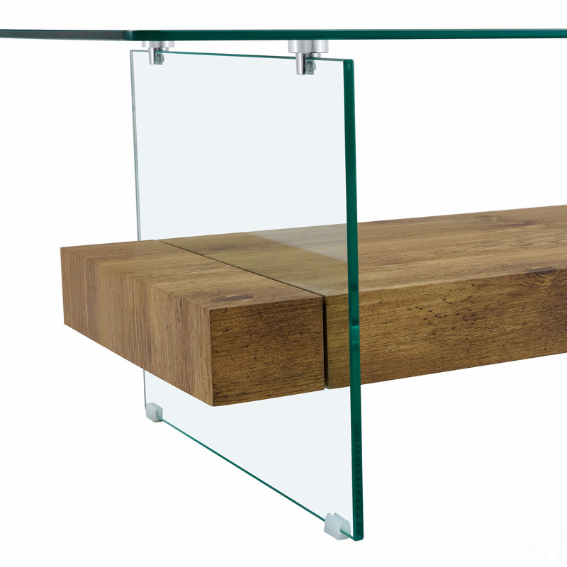 Table basse Kaiser avec plateau en verre et rangement double couche, Bois