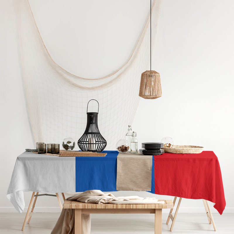 Striped Cotton Blend Tablecloth, Kansas,White/Blue/Red