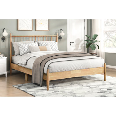Lit plateforme double au design moderne de style Mid-Century, mobilier de chambre en bois naturel avec tête de lit et rails, lit en bois sans sommier, lattes de conception, nécessaire