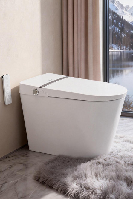 Toilette intelligente blanche et moderne au design épuré et minimaliste, avec une télécommande fixée au mur adjacent, dans une salle de bains contemporaine offrant une vue sur un lac de montagne.