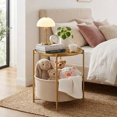 Table d'appoint ronde moderne en métal de 52 cm de hauteur avec panier de rangement et plateau amovible