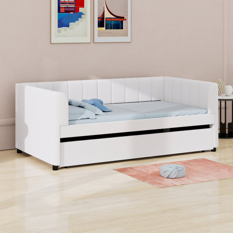 Lit de jour rembourré avec dossier ergonomique et lit gigogne, Beige