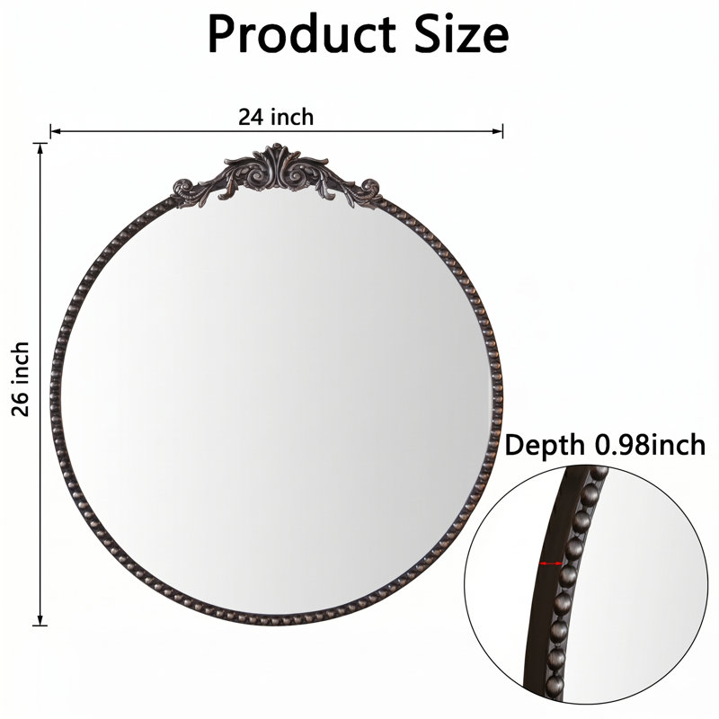 26''x24'' Baroque Round Metal Frame Wall Accent Mirror Rust-proof Design For Living room&Entry way