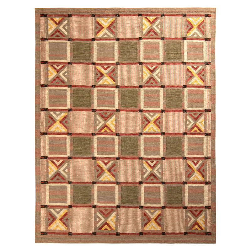Scandinavian Hand Knotted Wool Geometric Area Rug, Rectangle 10' x 14'