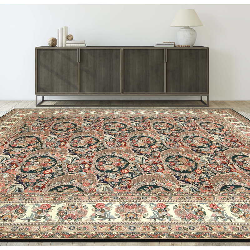 Tapis vert et ivoire noué à la main de haute qualité