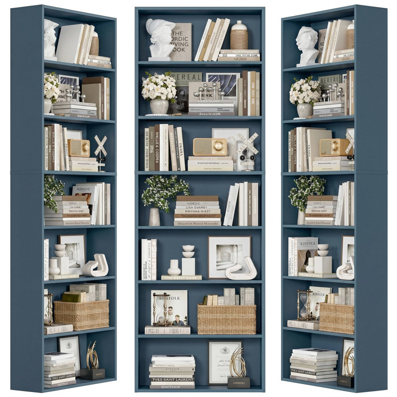 3-Pieces 82.5"H Wood Double 7-Tier Standard Bookcases, Home Library Bookcase Set, Blue