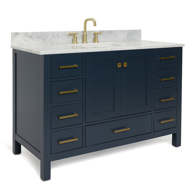 Ensemble de meuble-lavabo simple Flynt, Forme rectangulaire, Bleu minuit / laiton satiné, L 49 po