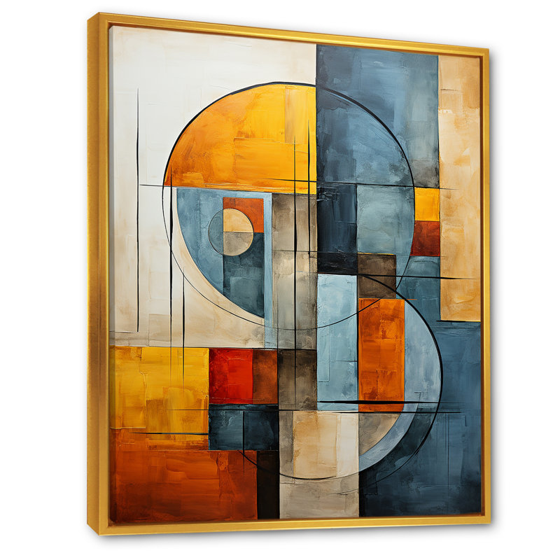 «Orange and Blue Cubism Assemblage II - Abstract Collages», art mural sur toile, Cadre flottant doré